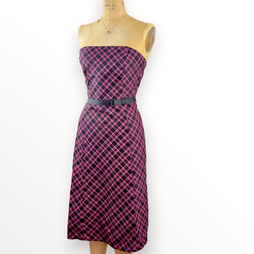 Y2K Plaid Strapless Pink Midi Dress Ruby Rox  Belt Coquette Punk Tartan Size M - Picture 2 of 8